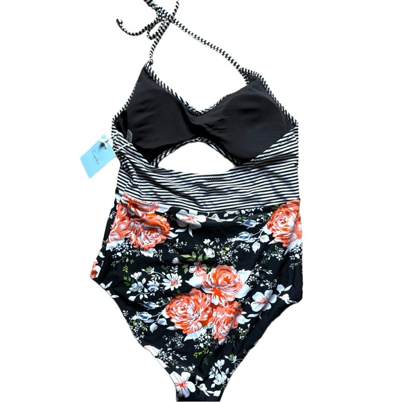 ☀️ Floral and Stripe Printed Halter with Cut-Out One Piece Swimsuit - Picture 3 of 6